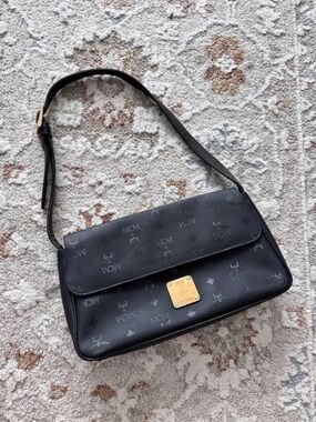 Vintage MCM Black Monogram Shoulder Bag with Gold